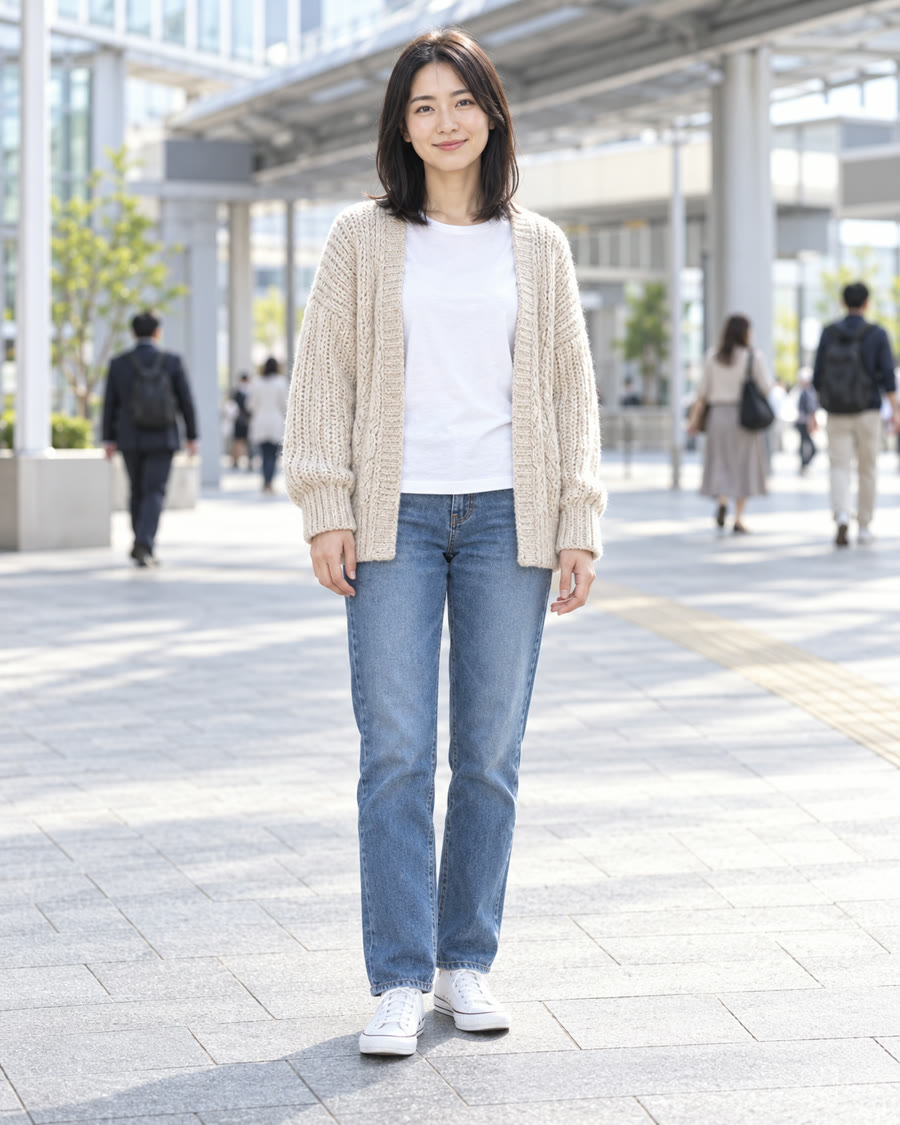 背景に通行人が写る屋外の全身写真の見本