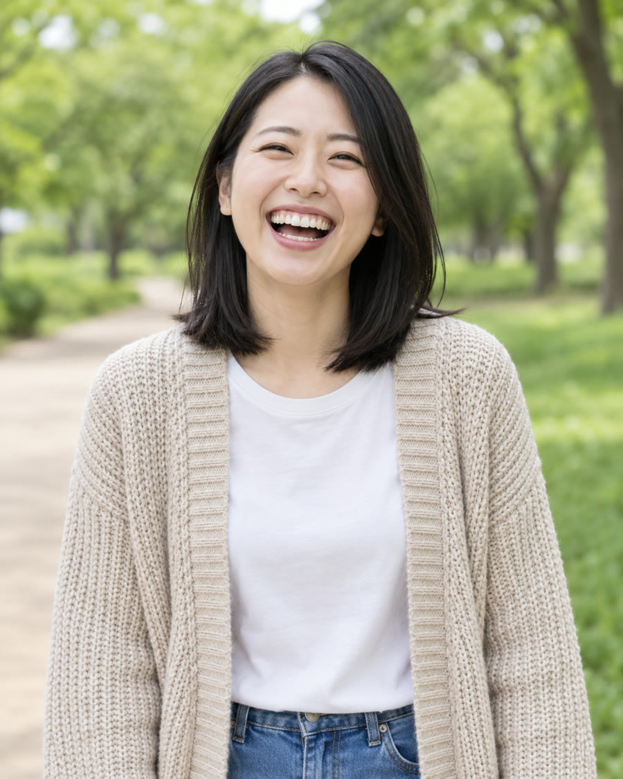 歯を見せて大きく笑う女性の見本