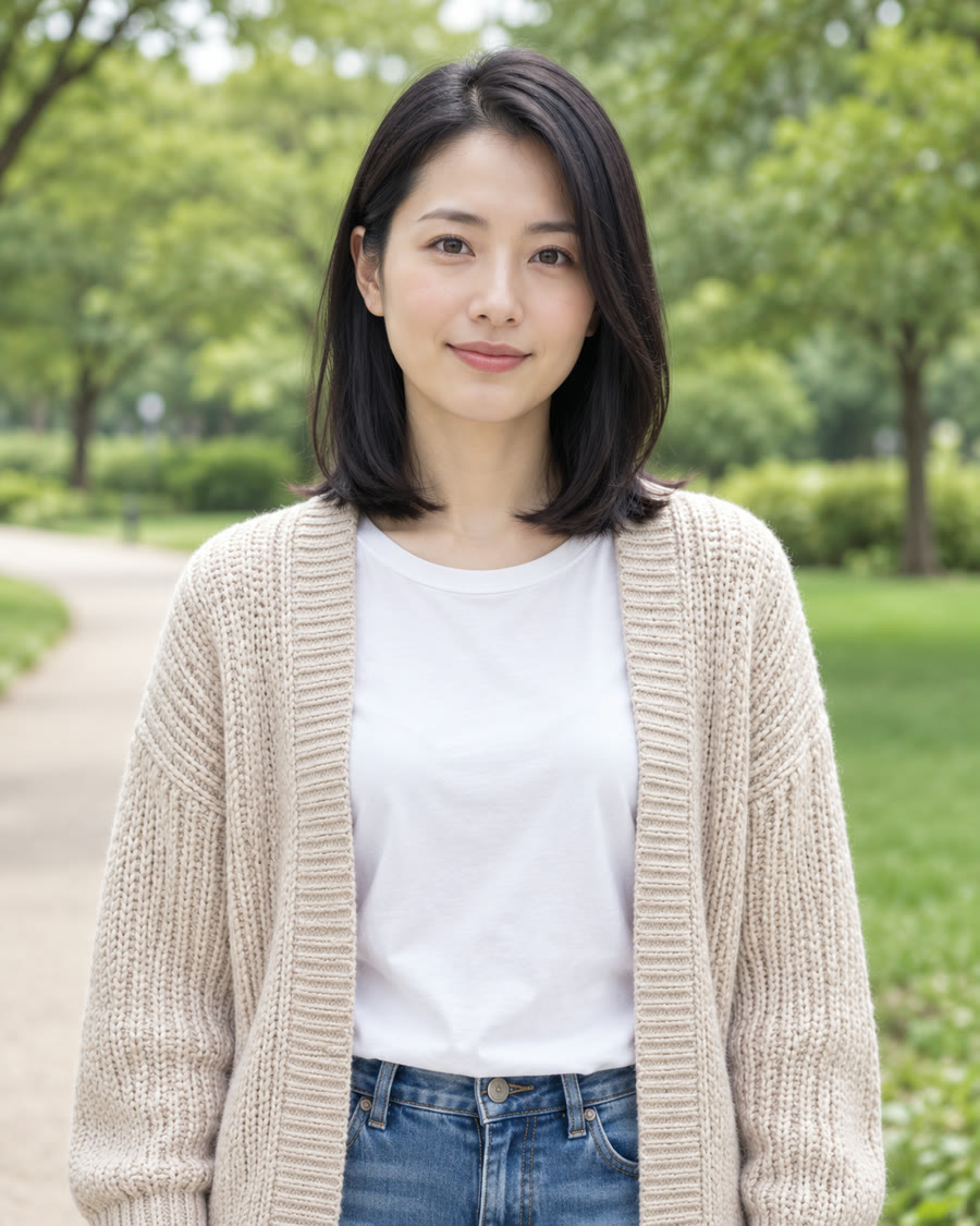 同じ人物が口を閉じて穏やかにほほえむ見本
